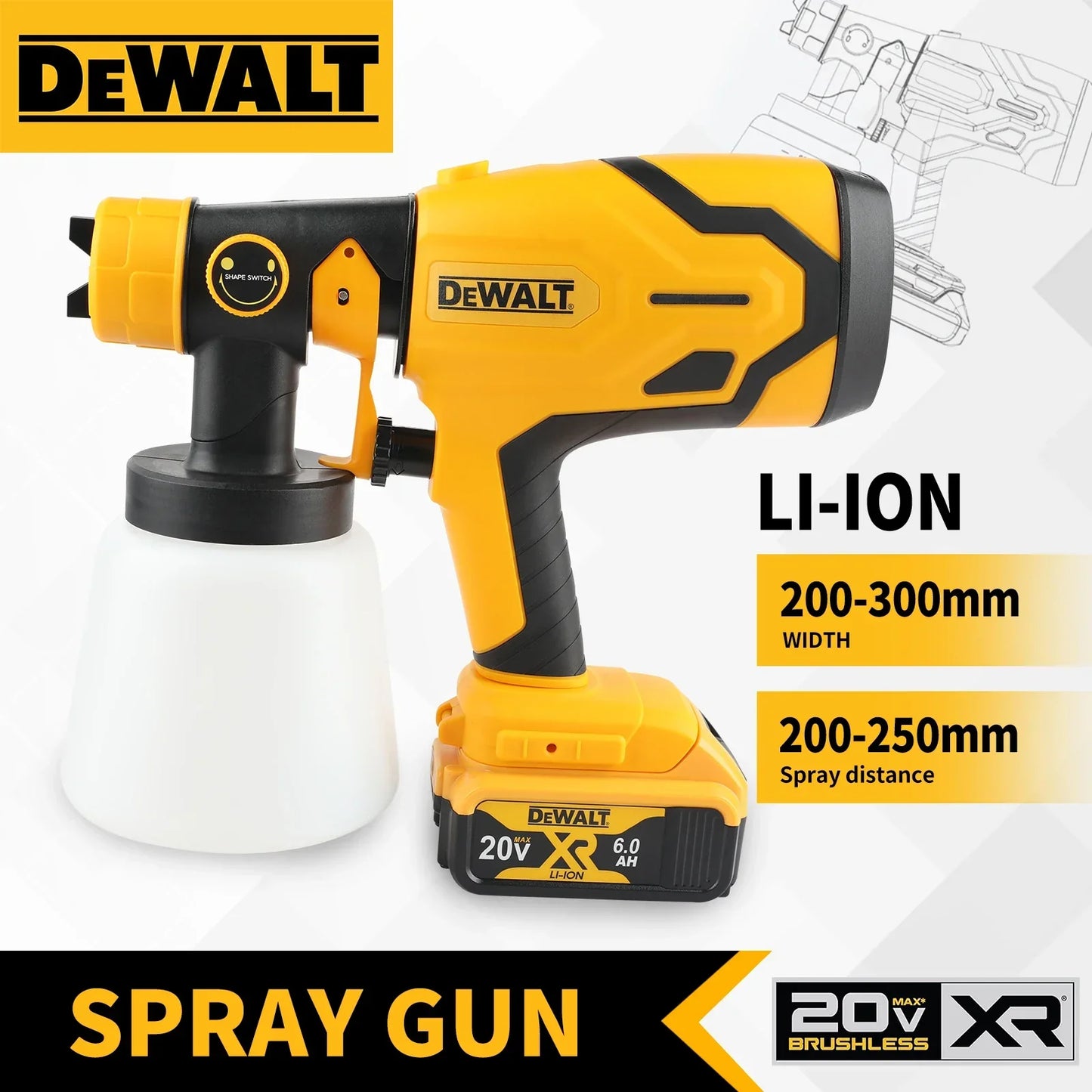 Pistola a spruzzo elettrica DEWALT da 800 ml – senza fili, batteria da 18 V – di livello professionale per applicazioni uniformi su pareti, mobili e progetti fai-da-te